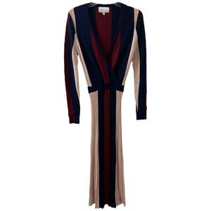 Adelyn Rae Knit Stripe Maxi Dress Long Sleeve Faux Wrap Pleated Skirt Women’s XS